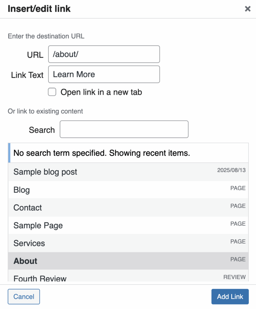 WordPress link picker field. 